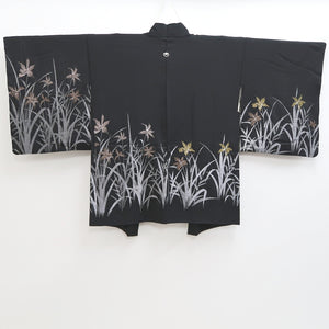 Haori Jacket Vintage(1950-1980) Black Silver Gold Narcissus Silk #9451G3