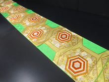 Load image into Gallery viewer, Fukuro Obi Vintage(1950-1980) Green Gold Chrysanthemum Kikkou Maple Leaf Silk BB30W2
