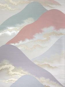 Fukuro Obi Vintage(1950-1980) Cream white Gold Mountain Cloud Landscape Silk BB113W7
