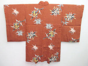 Haori Jacket Vintage(1920-1950) Brown Chrysanthemum Sayagata Long Silk #8031N3