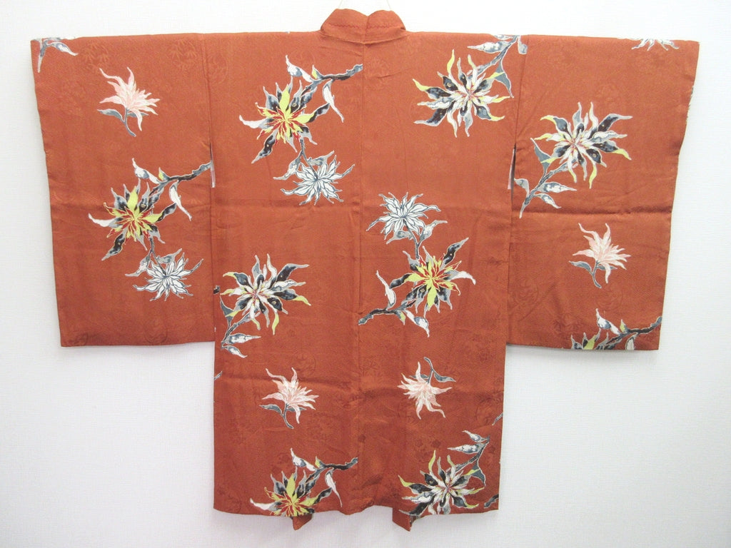 Haori Jacket Vintage(1920-1950) Brown Chrysanthemum Sayagata Long Silk #8031N3