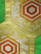 Load image into Gallery viewer, Fukuro Obi Vintage(1950-1980) Green Gold Chrysanthemum Kikkou Maple Leaf Silk BB30W2
