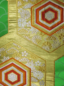 Fukuro Obi Vintage(1950-1980) Green Gold Chrysanthemum Kikkou Maple Leaf Silk BB30W2