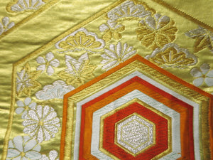 Fukuro Obi Vintage(1950-1980) Green Gold Chrysanthemum Kikkou Maple Leaf Silk BB30W2
