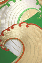 Load image into Gallery viewer, Fukuro Obi Vintage(1950-1980) Green Gold Wave Silk BB148W9
