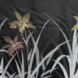 Haori Jacket Vintage(1950-1980) Black Silver Gold Narcissus Silk #9451G3