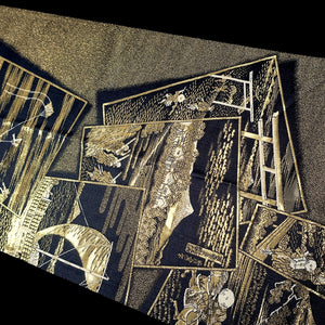 Fukuro Obi Vintage(1950-1980) Gold Black Hokusai Fugaku-Sanjurokkei Silk BB202V2