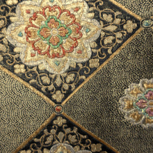 Load image into Gallery viewer, Fukuro Obi Vintage(1950-1980) Gold Black Flower Silk BB176V1
