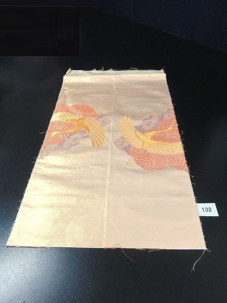 MOF#132 Silk Obi Fabric Vintage(1950-1980) Crane Gold 19.7x11.8in(50x30cm)