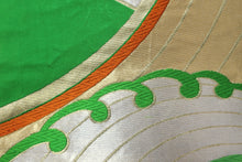 Load image into Gallery viewer, Fukuro Obi Vintage(1950-1980) Green Gold Wave Silk BB148W9
