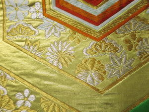 Fukuro Obi Vintage(1950-1980) Green Gold Chrysanthemum Kikkou Maple Leaf Silk BB30W2