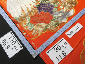 BCF#2853 Silk Kimono Fabric Vintage(1950-1980) Embroidery Crane Birds Vermillion 170cm (66.9in)