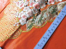 Load image into Gallery viewer, BCF#2853 Silk Kimono Fabric Vintage(1950-1980) Embroidery Crane Birds Vermillion 170cm (66.9in)
