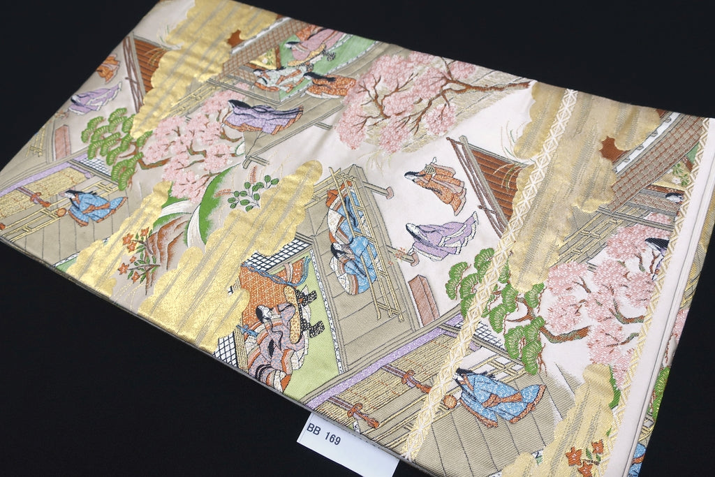 Fukuro Obi Vintage(1950-1980) Gold Pink Green Heian Princess Silk BB169W2