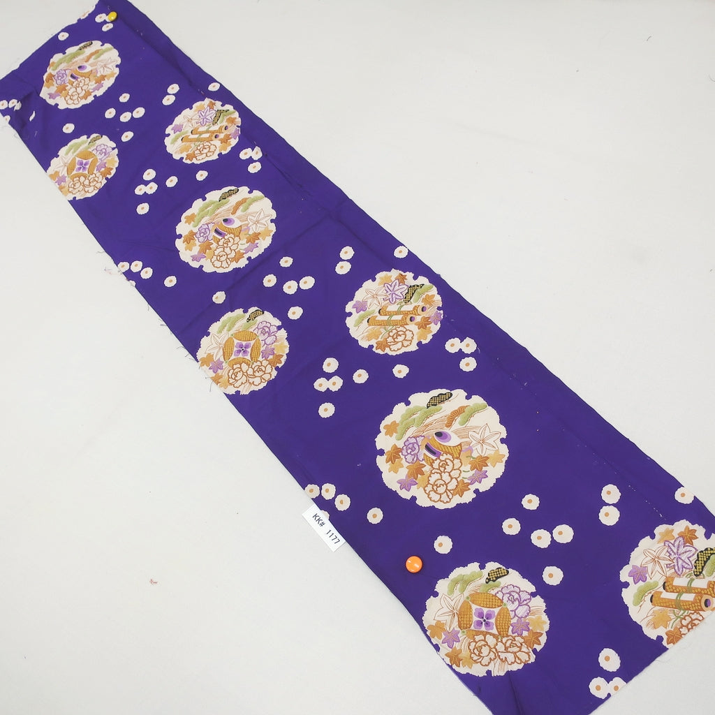 KK1177B4 Silk Kimono Fabric Vintage(1920-1950) Peony Maple Leaf Rinzu Blueish Purple 58.3x12.6in(148x32cm)