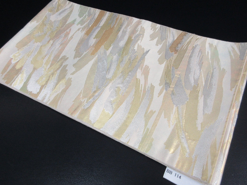 Fukuro Obi Vintage(1950-1980) Cream white Gold Shiny White Abstract art Wave Wind Silk BB114W7