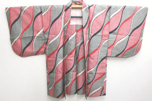 Haori Jacket Vintage(1920-1950) Red Black Gray Tatewaku Meisen Silk #8759A1