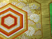 Load image into Gallery viewer, Fukuro Obi Vintage(1950-1980) Green Gold Chrysanthemum Kikkou Maple Leaf Silk BB30W2
