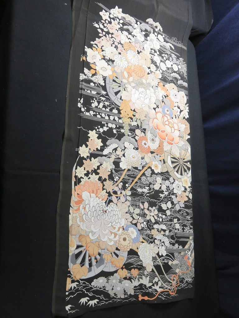 BCF#2782 Silk Tomesode Fabric Vintage(Pre-1920) Hand Painted Flower Black 35.4x13.4in(90x34cm)