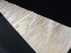 Fukuro Obi Vintage(1950-1980) Cream white Gold Shiny White Abstract art Wave Wind Silk BB114W7