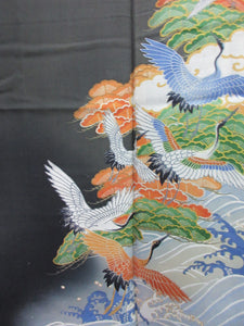 Tomesode Vintage(1920-1950) Black Crane Birds Silk #8124A4