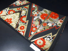 Load image into Gallery viewer, Fukuro Obi Vintage(1950-1980) Black Gold Chrysanthemum Bamboo leaf Silk BB31W2
