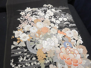 BCF#2782 Silk Tomesode Fabric Vintage(Pre-1920) Hand Painted Flower Black 35.4x13.4in(90x34cm)