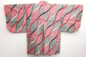 Haori Jacket Vintage(1920-1950) Red Black Gray Tatewaku Meisen Silk #8759A1