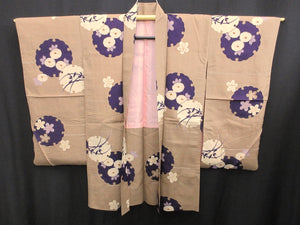 Haori Jacket Vintage(1920-1950) Sandy Brown Chrysanthemum Plum blossom Long Silk #7778K4