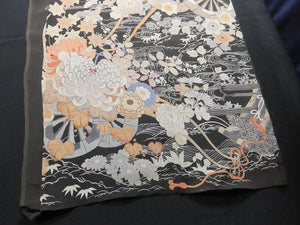 BCF#2782 Silk Tomesode Fabric Vintage(Pre-1920) Hand Painted Flower Black 35.4x13.4in(90x34cm)