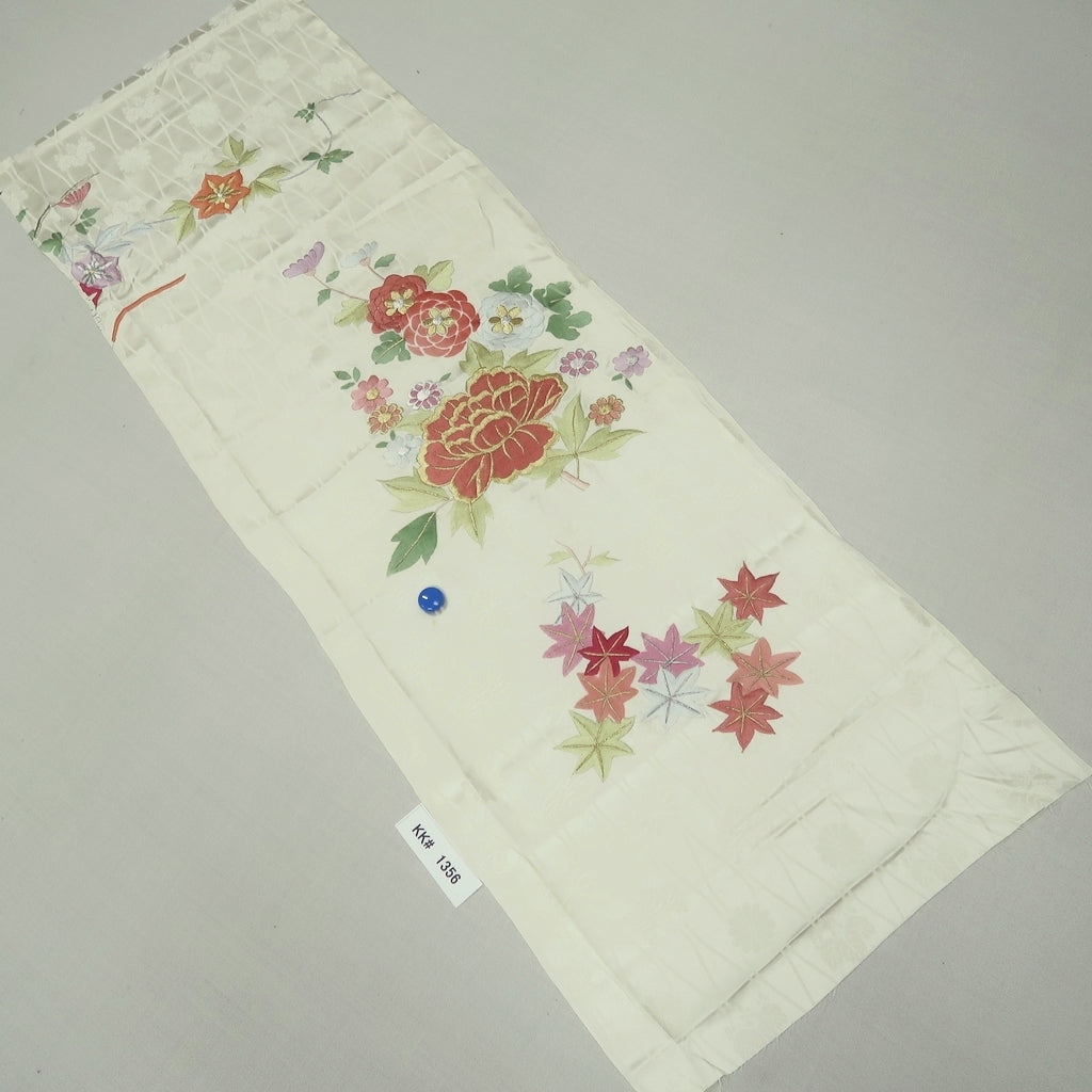 KK1356B7 Silk Kimono Fabric Vintage(1920-1950) Embroidery Pearl white 39.8x13.4in(101x34cm)