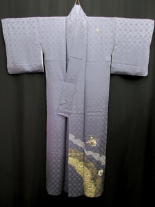 Kimono Blueish Gray Shibori Embroidery Tall Silk #8252B5