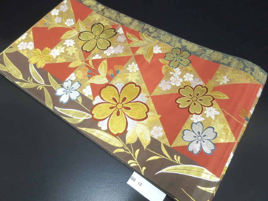 Fukuro Obi Gold Vermillion Cherry Blossom Silk BB12W1