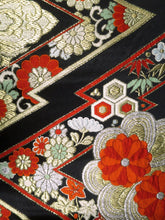 Load image into Gallery viewer, Fukuro Obi Vintage(1950-1980) Black Gold Chrysanthemum Bamboo leaf Silk BB31W2
