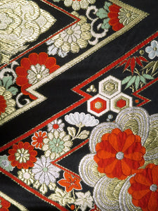 Fukuro Obi Vintage(1950-1980) Black Gold Chrysanthemum Bamboo leaf Silk BB31W2