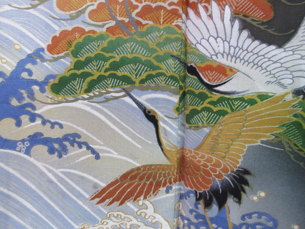 Tomesode Vintage(1920-1950) Black Crane Birds Silk #7889M1 2024