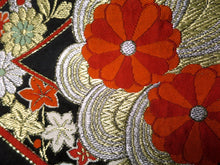 Load image into Gallery viewer, Fukuro Obi Vintage(1950-1980) Black Gold Chrysanthemum Bamboo leaf Silk BB31W2

