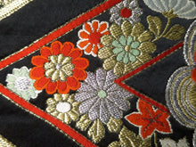 Load image into Gallery viewer, Fukuro Obi Vintage(1950-1980) Black Gold Chrysanthemum Bamboo leaf Silk BB31W2
