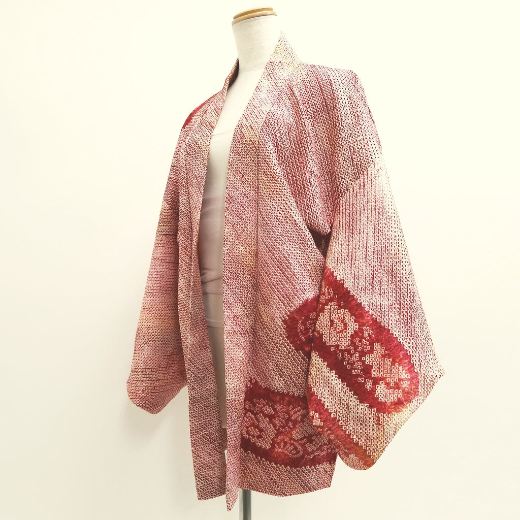 Haori Jacket Vintage(1950-1980) Red Full Shibori Bellflower Cloud Silk #9439G3
