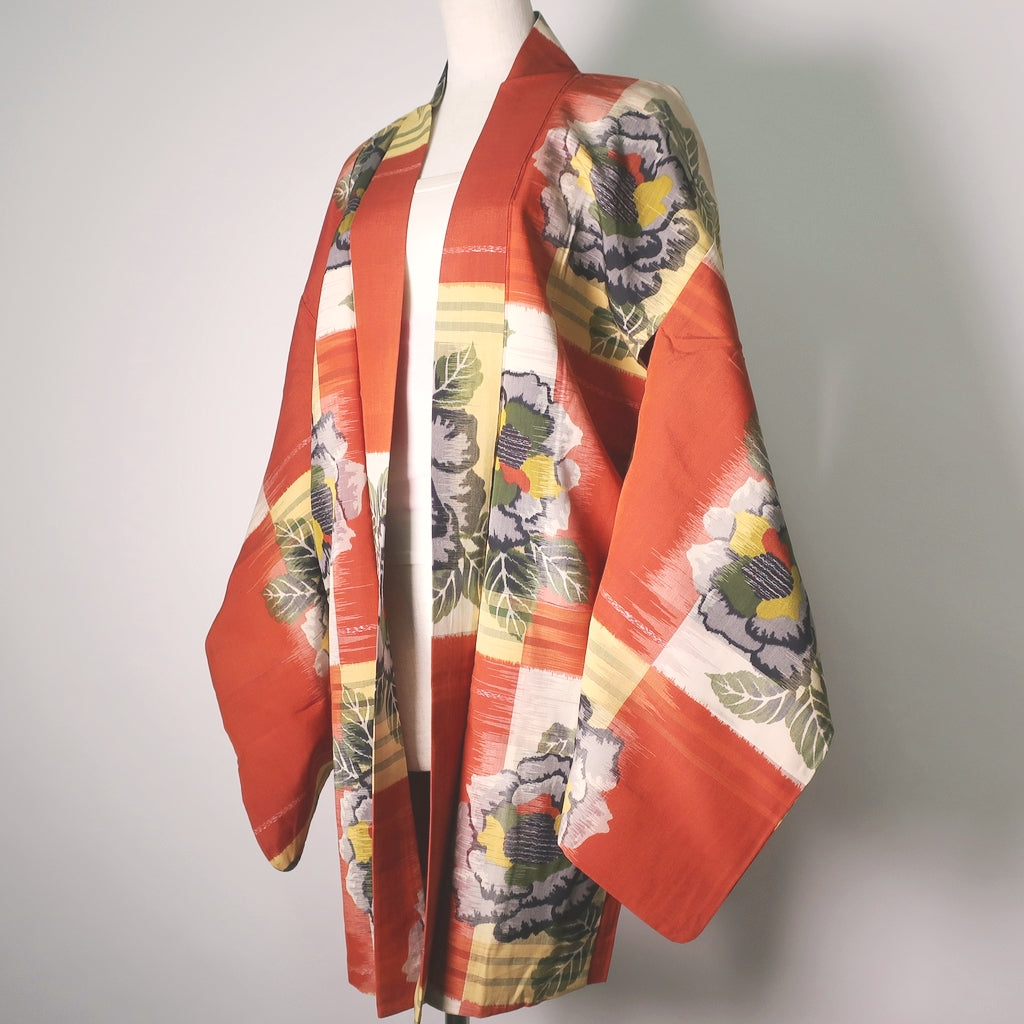 Haori Jacket Vintage(1920-1950) Light Yellow Light Brown Peony Meisen Long Silk #8850B1