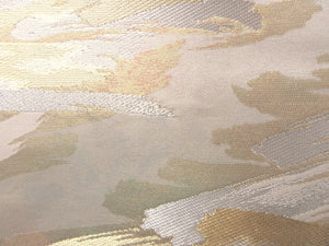 Fukuro Obi Vintage(1950-1980) Cream white Gold Shiny White Abstract art Wave Wind Silk BB114W7