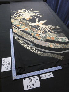 BCF#2784 Silk Tomesode Fabric Phoenix Birds Gold Black 33.5x14.2in(85x36cm)