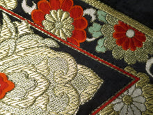 Load image into Gallery viewer, Fukuro Obi Vintage(1950-1980) Black Gold Chrysanthemum Bamboo leaf Silk BB31W2
