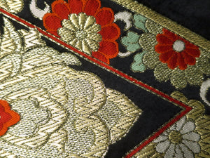 Fukuro Obi Vintage(1950-1980) Black Gold Chrysanthemum Bamboo leaf Silk BB31W2