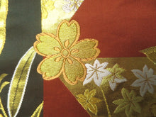 Load image into Gallery viewer, Fukuro Obi Gold Vermillion Cherry Blossom Silk BB12W1
