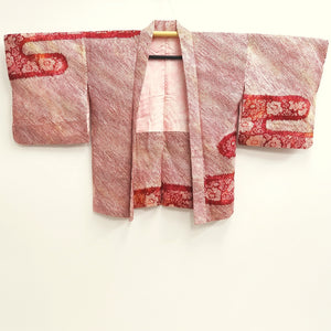 Haori Jacket Vintage(1950-1980) Red Full Shibori Bellflower Cloud Silk #9439G3