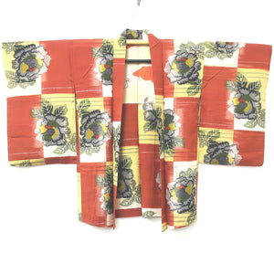 Haori Jacket Vintage(1920-1950) Light Yellow Light Brown Peony Meisen Long Silk #8850B1