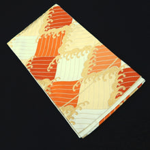 Load image into Gallery viewer, Fukuro Obi Vintage(1950-1980) White Gold Orange Wave Silk BB256V5
