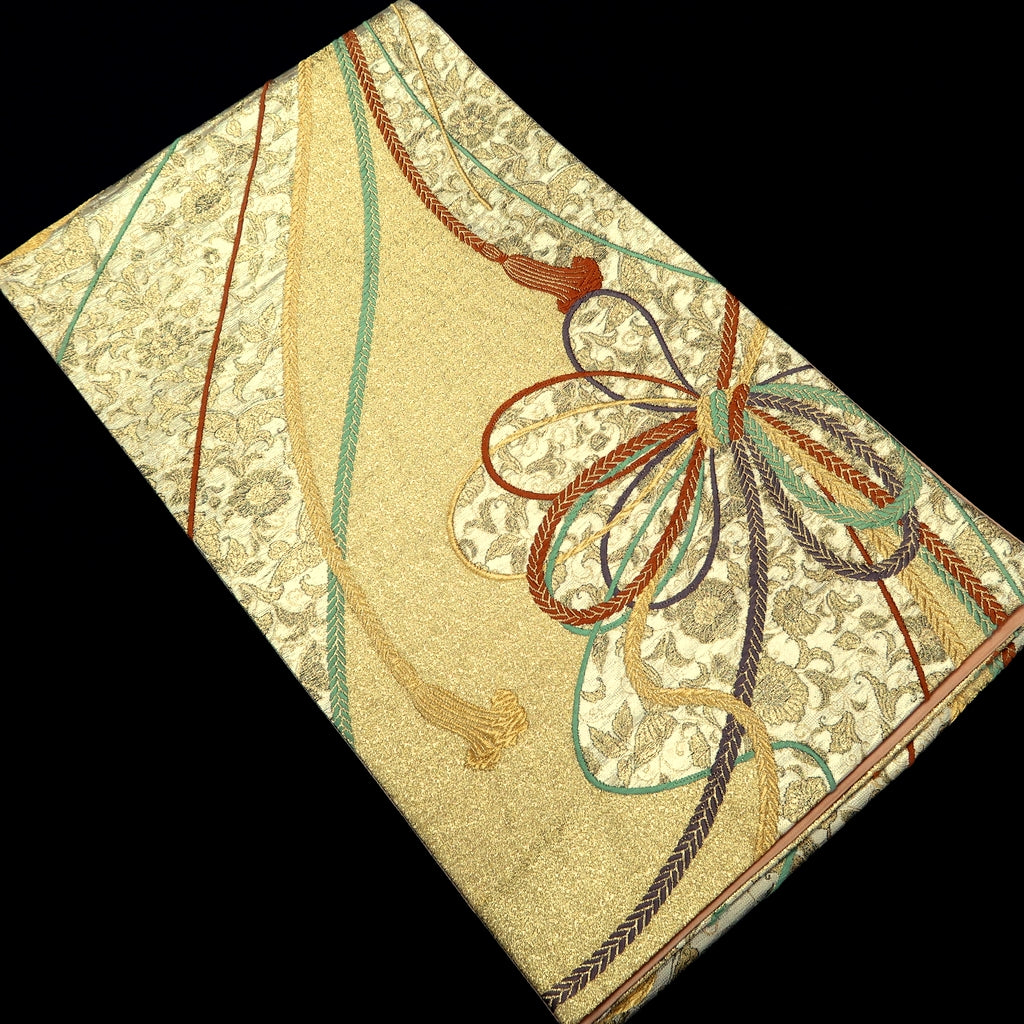 Fukuro Obi Gold Silver Kusudama Butterfly Flower Silk BB213V3