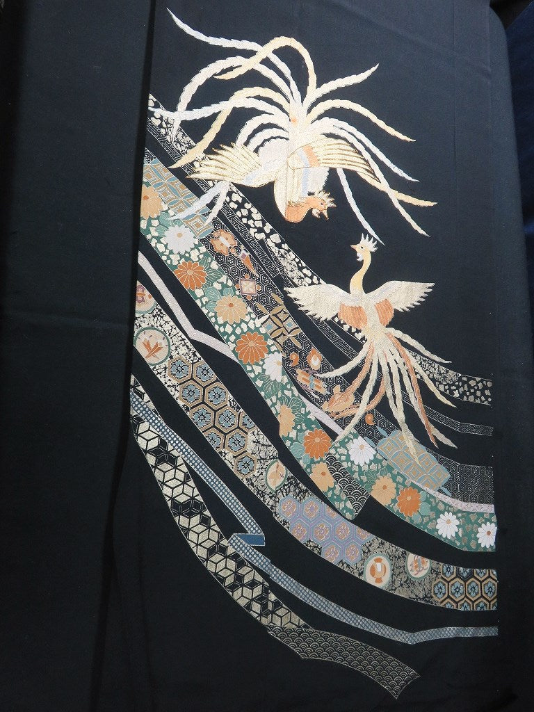BCF#2784 Silk Tomesode Fabric Phoenix Birds Gold Black 33.5x14.2in(85x36cm)